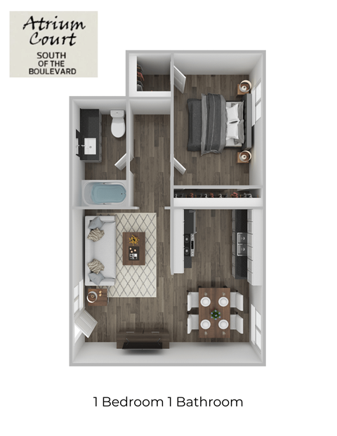 Floor plan for 1 bed, 1 bath, 720 sqft